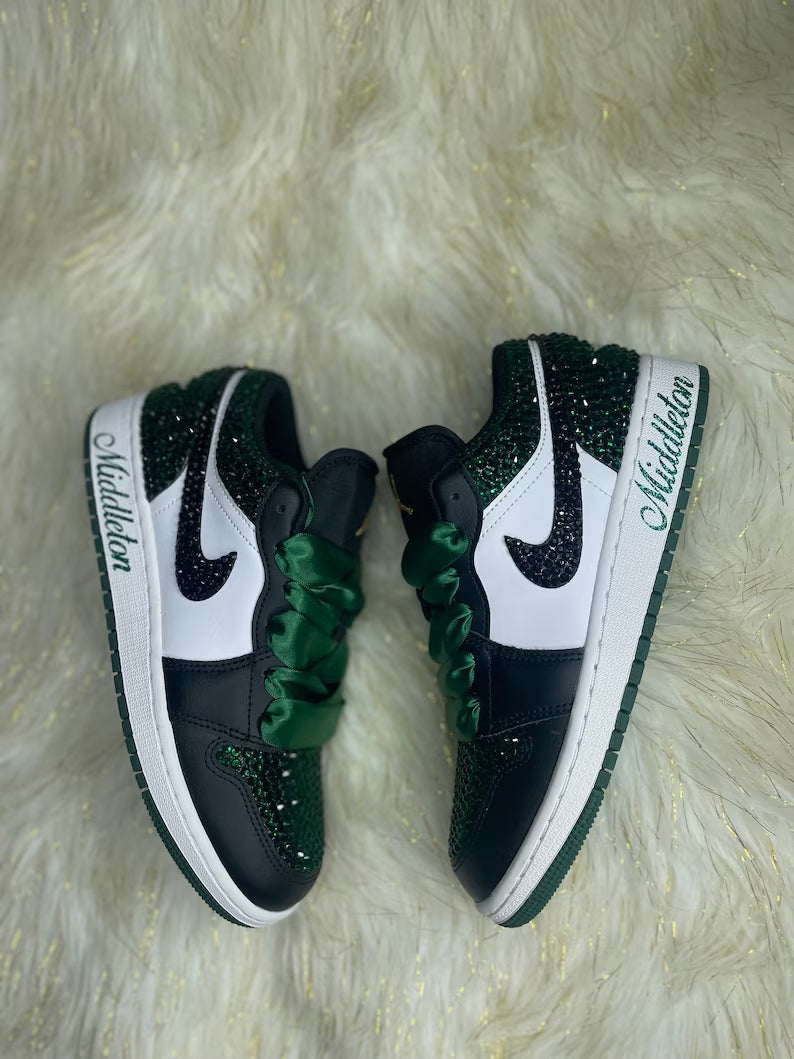 Custom Air Jordan 1 Black Green With Diamond And Satin Laces