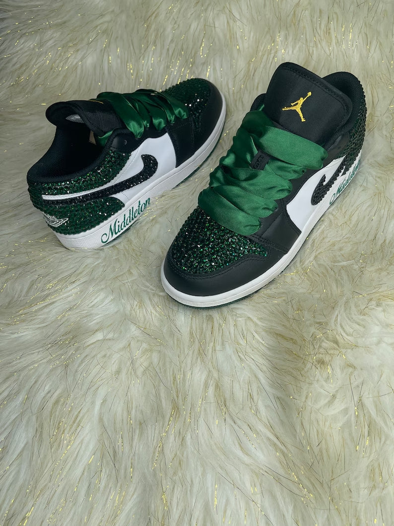 Custom Air Jordan 1 Black Green With Diamond And Satin Laces