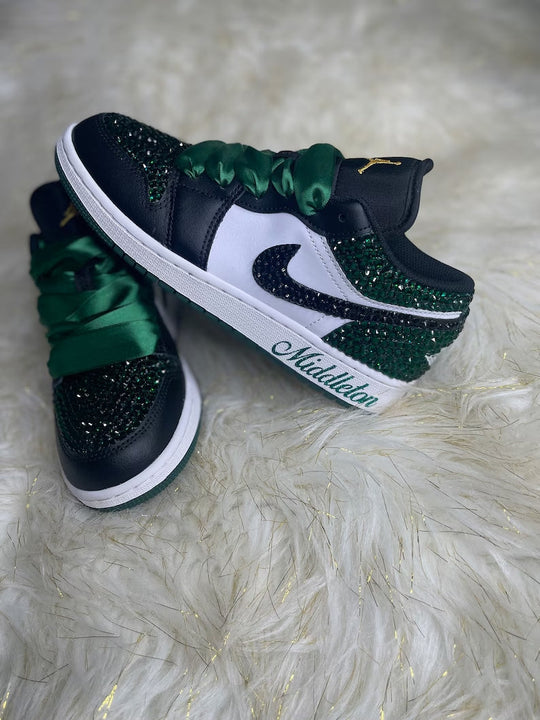 Custom Air Jordan 1 Black Green With Diamond And Satin Laces