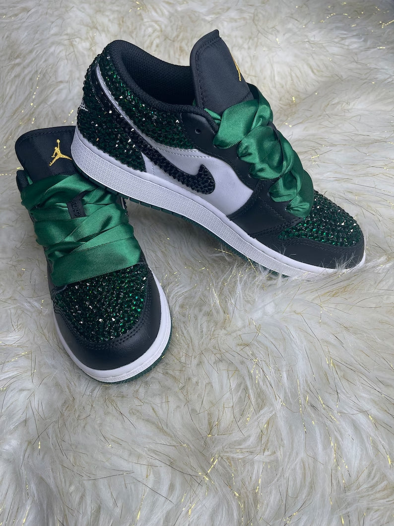 Custom Air Jordan 1 Black Green With Diamond And Satin Laces