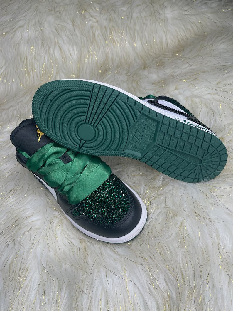 Custom Air Jordan 1 Black Green With Diamond And Satin Laces
