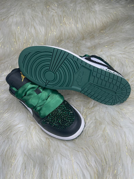Custom Air Jordan 1 Black Green With Diamond And Satin Laces