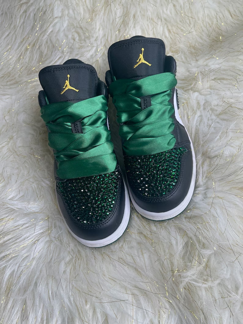 Custom Air Jordan 1 Black Green With Diamond And Satin Laces