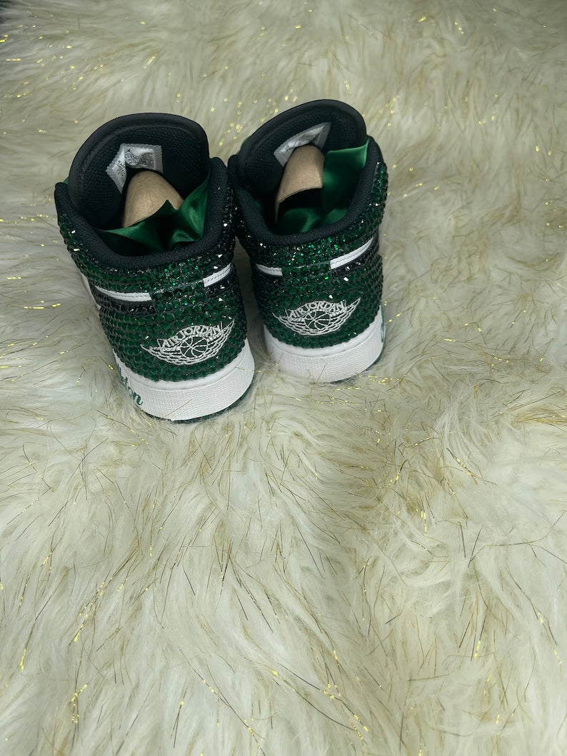 Custom Air Jordan 1 Black Green With Diamond And Satin Laces