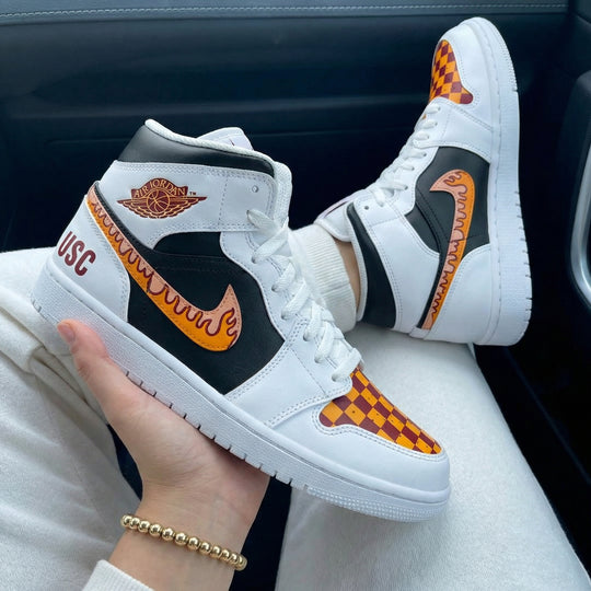 Custom Air Jordan 1 Black Orange Checkered Pattern