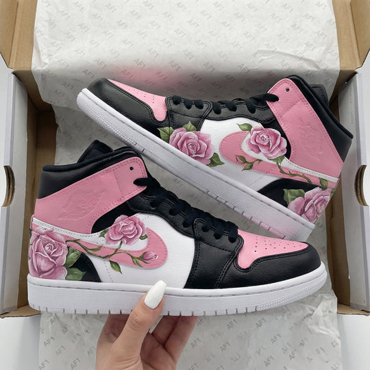 Custom Air Jordan 1 Black Pink Rose Design