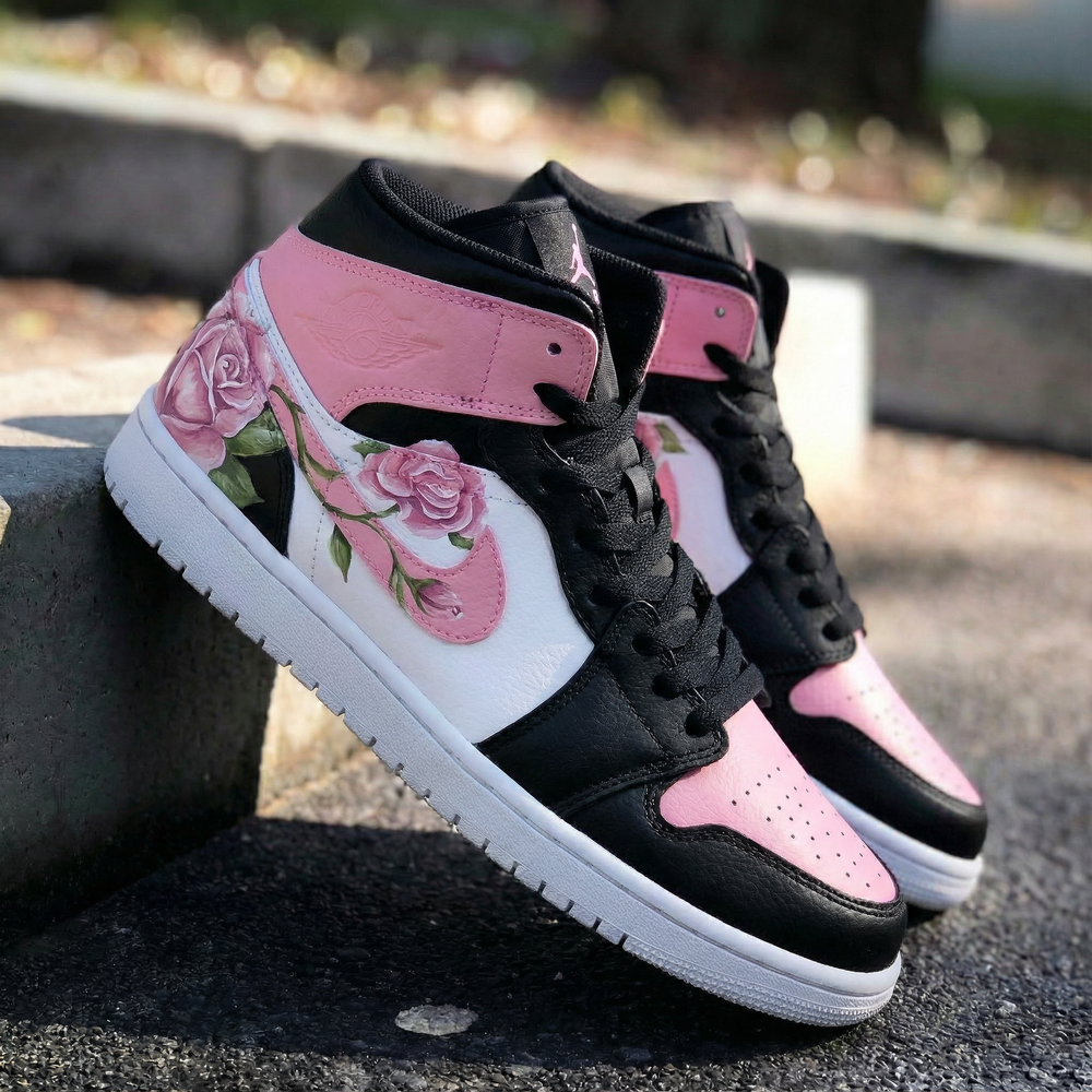Custom Air Jordan 1 Black Pink Rose Design