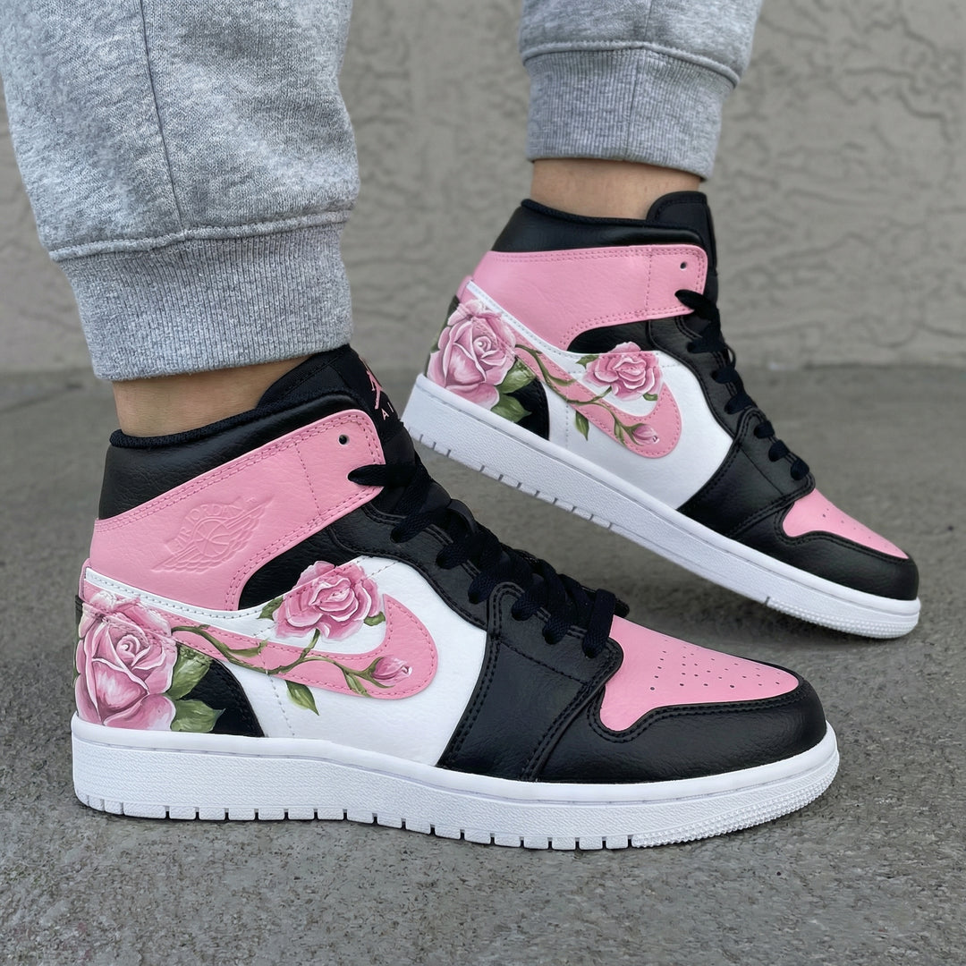 Custom Air Jordan 1 Black Pink Rose Design
