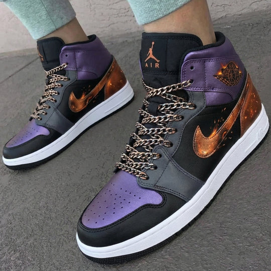 Custom Air Jordan 1 Black Purple with Chain and Flame Design