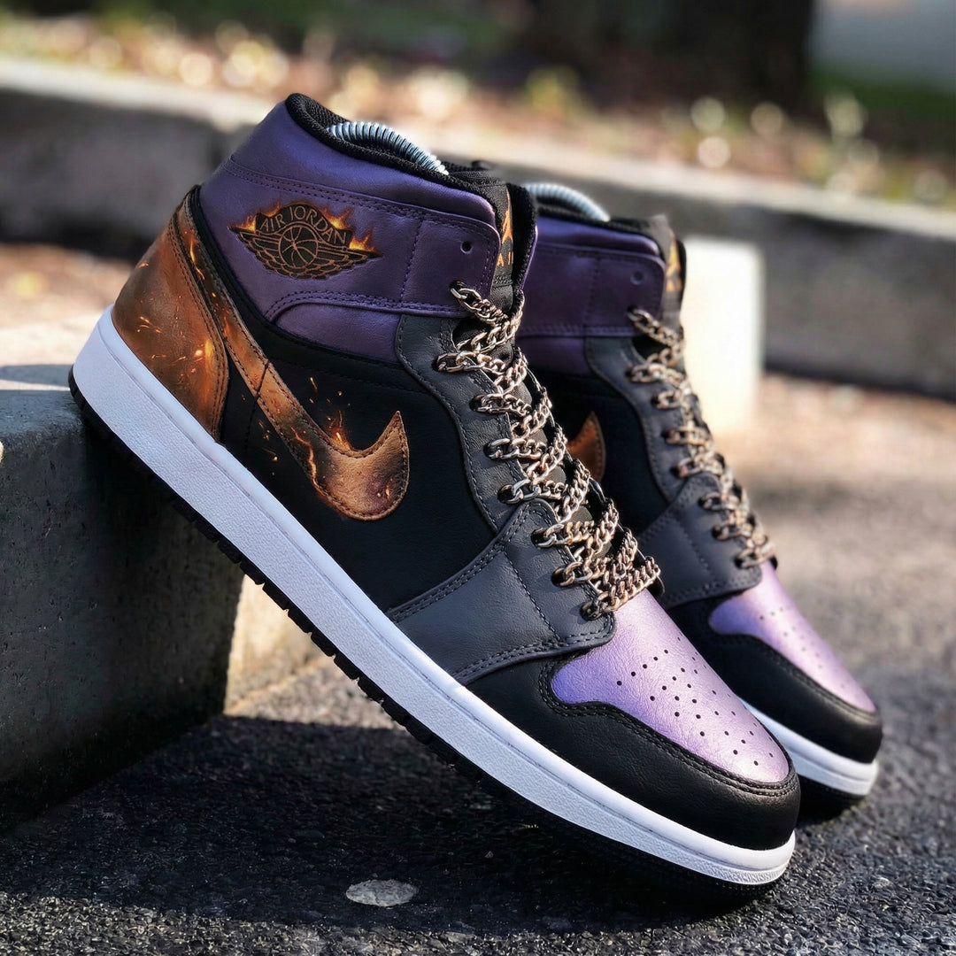 Custom Air Jordan 1 Black Purple with Chain and Flame Design