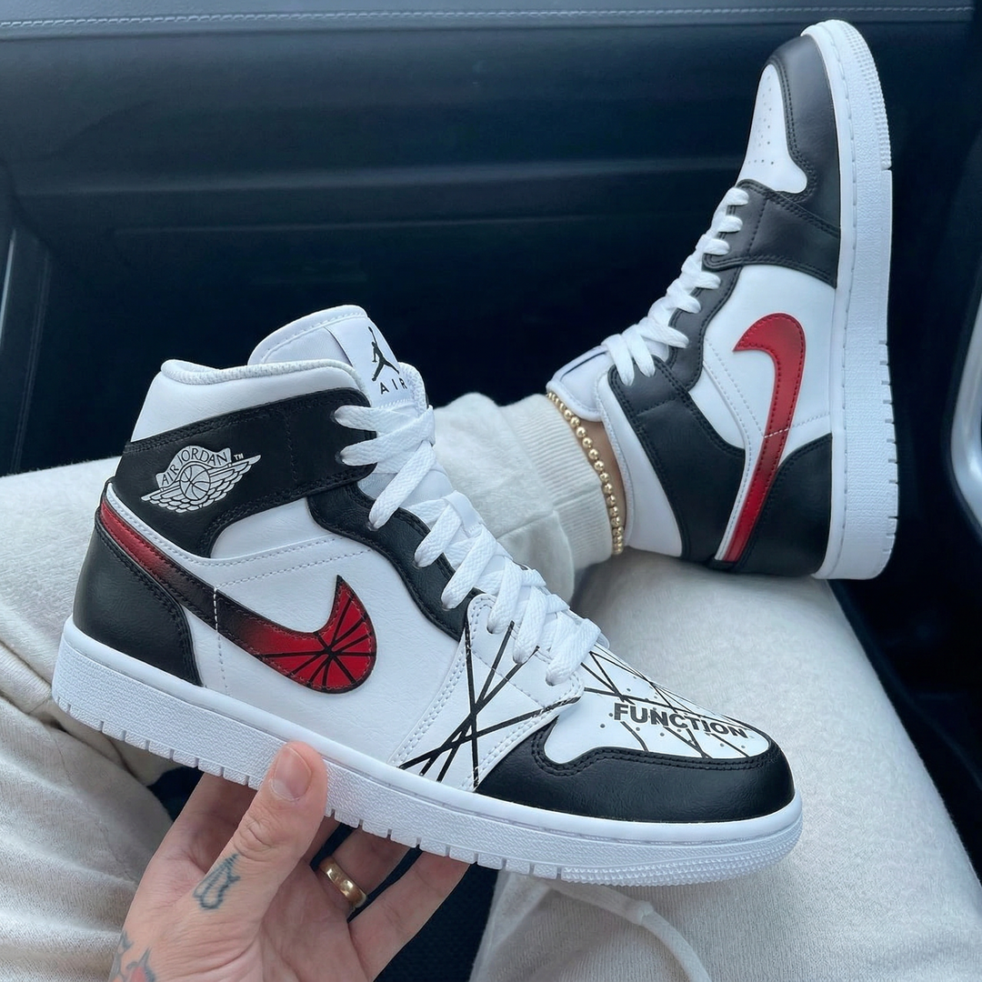 Custom Air Jordan 1 Black Red Basketball Swoosh Black Cross Lines
