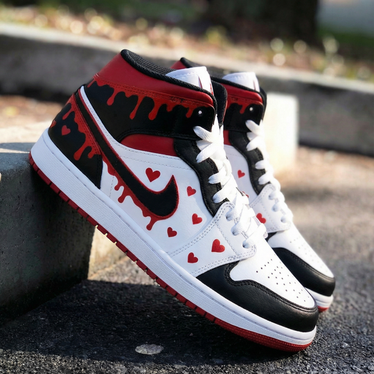 Custom Air Jordan 1 Black Red Heart and Drip Design