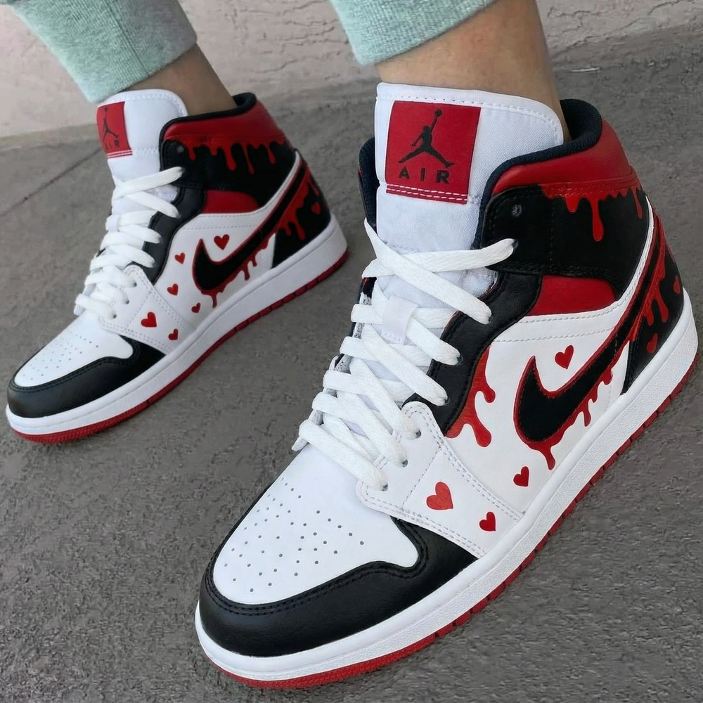 Custom Air Jordan 1 Black Red Heart and Drip Design
