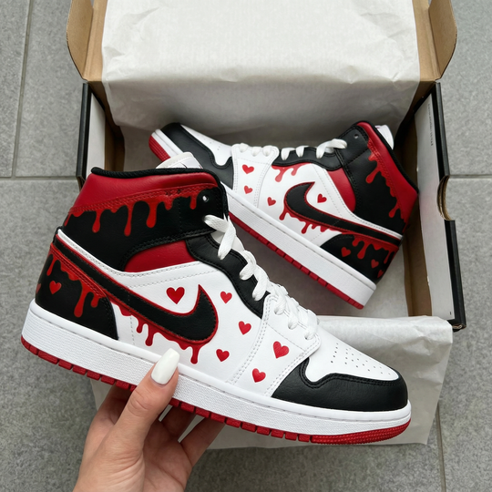 Custom Air Jordan 1 Black Red Heart and Drip Design