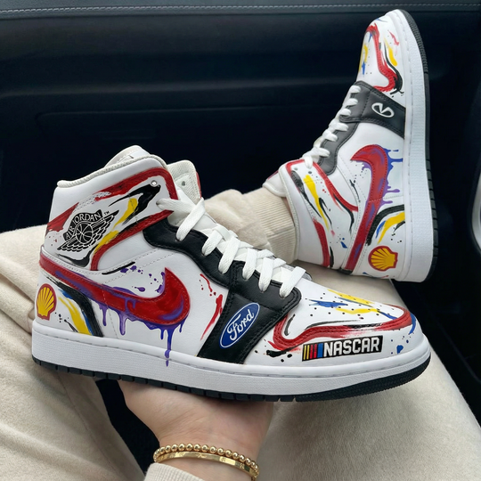 Custom Air Jordan 1 Black Red with NASCAR Ford Shell Paint - Splatter Design