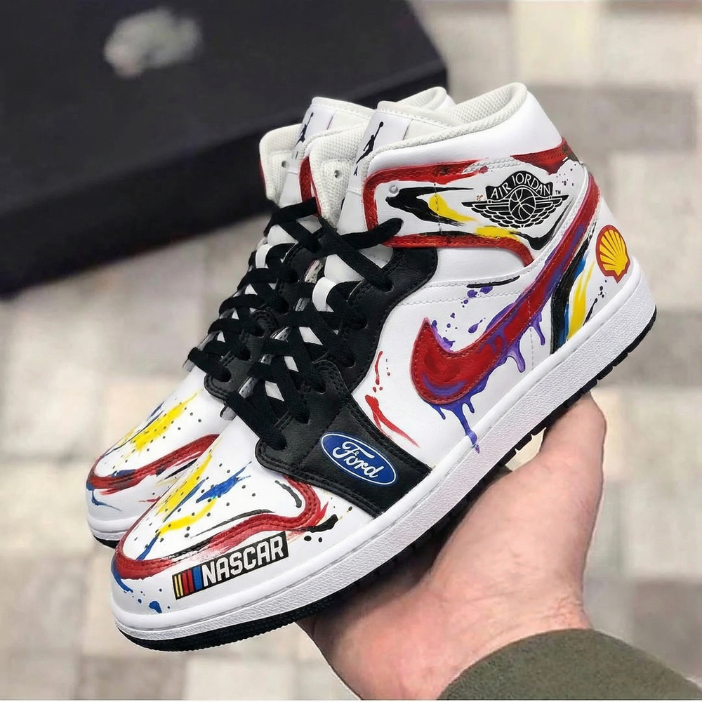 Custom Air Jordan 1 Black Red with NASCAR Ford Shell Paint - Splatter Design