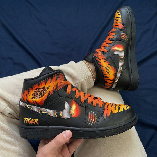 Custom Air Jordan 1 Black Tiger and Flame Design