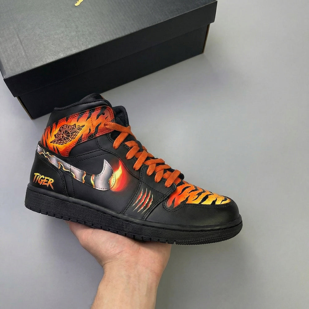 Custom Air Jordan 1 Black Tiger and Flame Design
