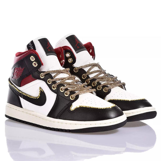 Custom Air Jordan 1 Black White And Red With Gold Embellishments