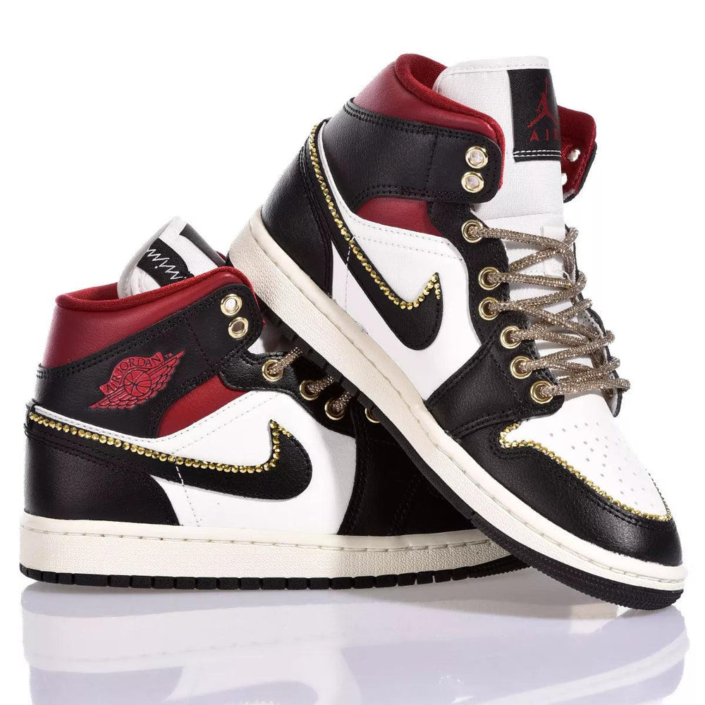 Custom Air Jordan 1 Black White And Red With Gold Embellishments