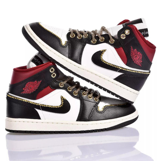 Custom Air Jordan 1 Black White And Red With Gold Embellishments