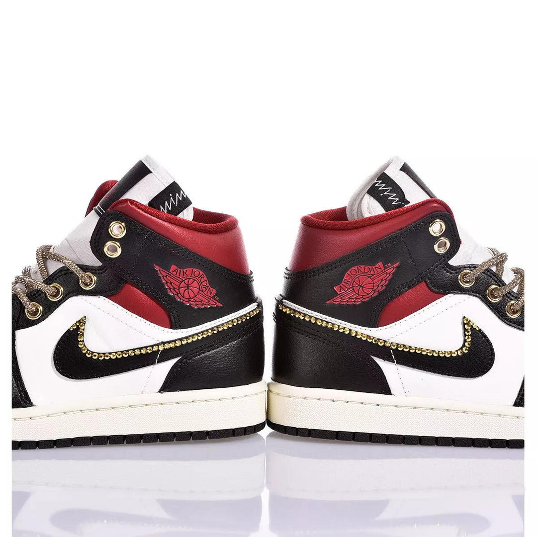 Custom Air Jordan 1 Black White And Red With Gold Embellishments
