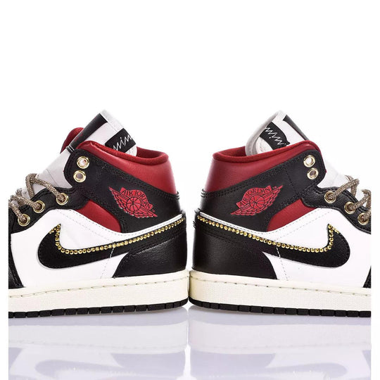 Custom Air Jordan 1 Black White And Red With Gold Embellishments