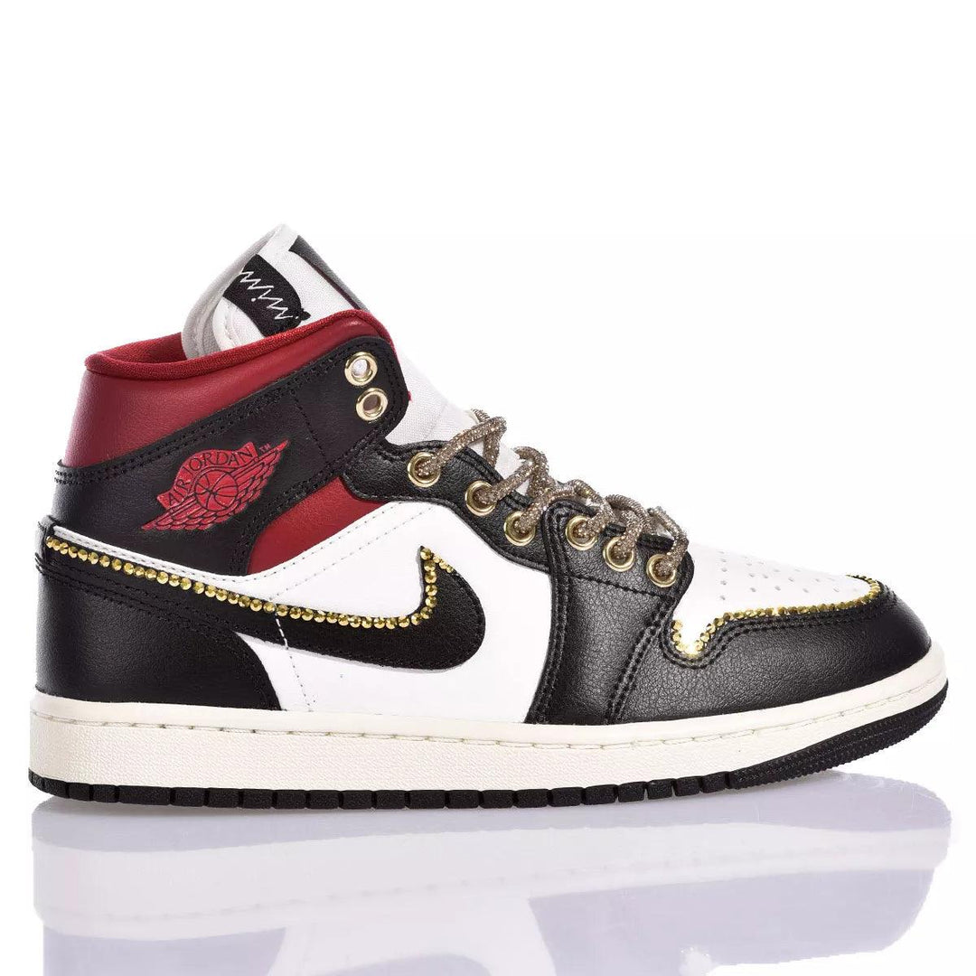 Custom Air Jordan 1 Black White And Red With Gold Embellishments
