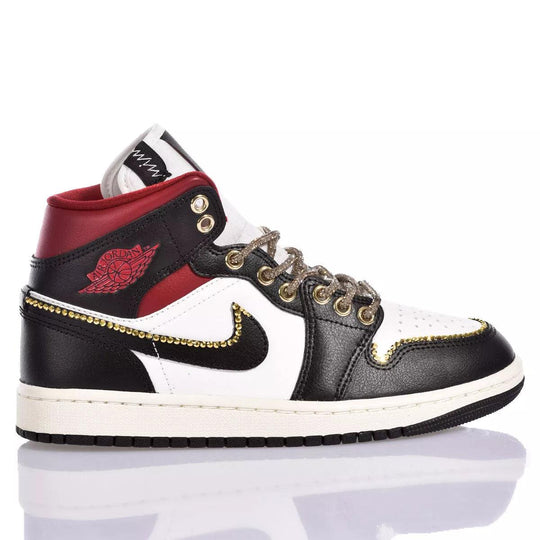 Custom Air Jordan 1 Black White And Red With Gold Embellishments