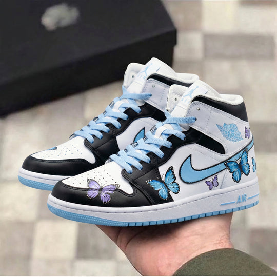 Custom Air Jordan 1 Black White Baby Blue Butterflies