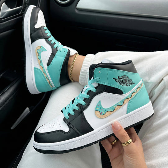 Custom Air Jordan 1 Black White Turquoise Donut Design