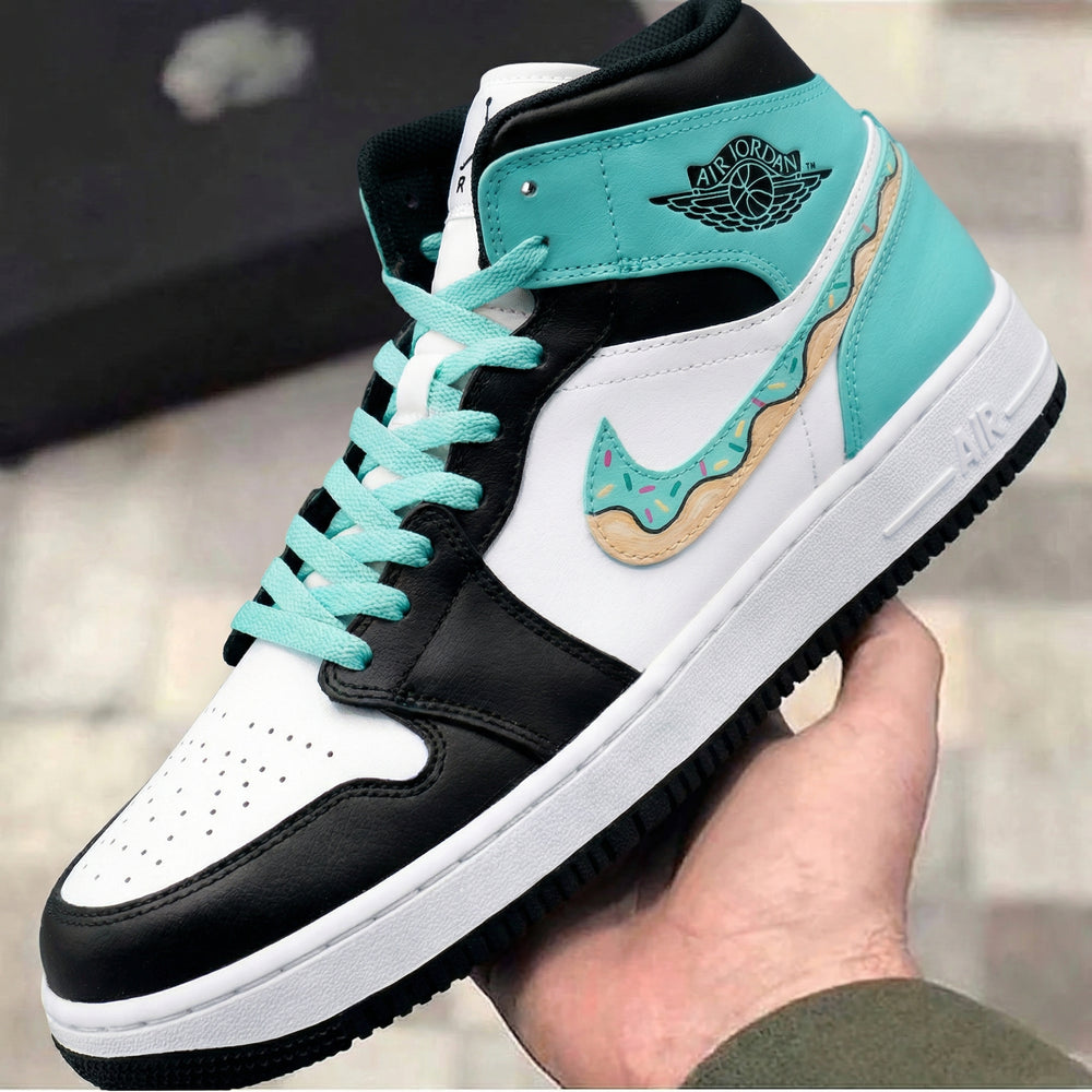 Custom Air Jordan 1 Black White Turquoise Donut Design