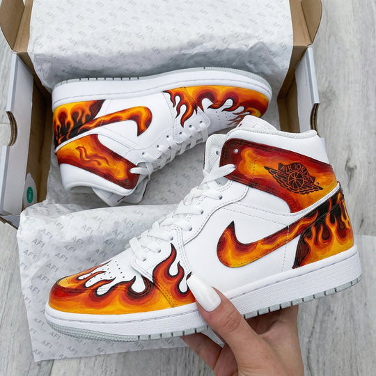 Custom Air Jordan 1 Blazing White Orange Red Flame Design