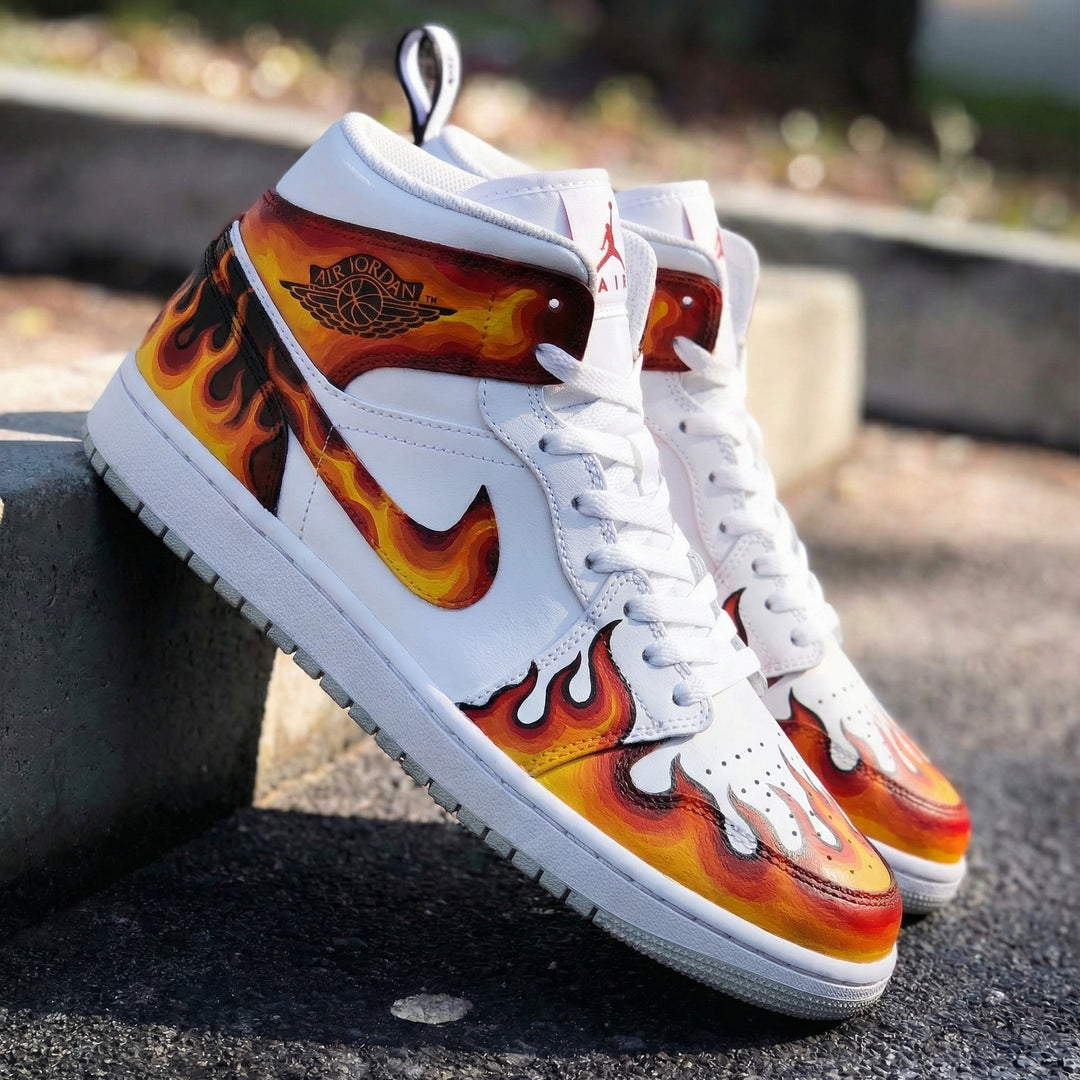 Custom Air Jordan 1 Blazing White Orange Red Flame Design