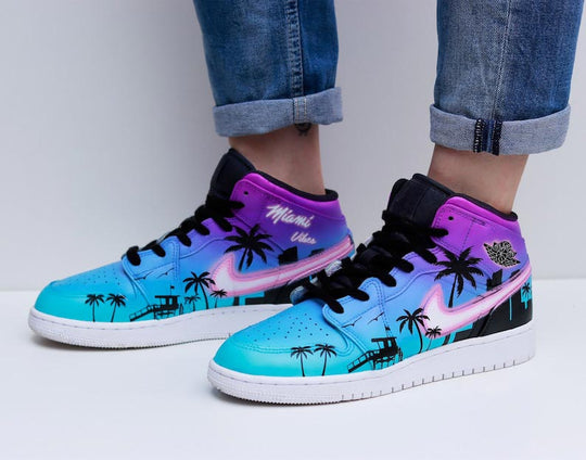 Custom Air Jordan 1 Blue And Purple With Palm Tree Patterns