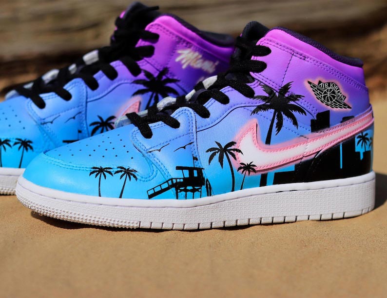Custom Air Jordan 1 Blue And Purple With Palm Tree Patterns