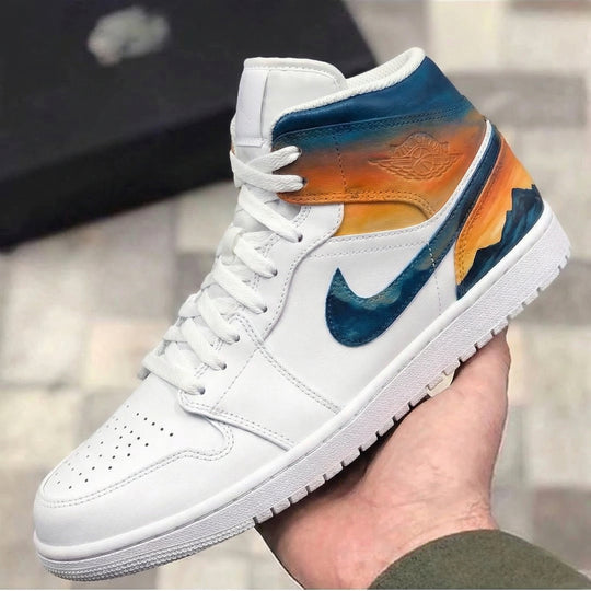 Custom Air Jordan 1 Blue Orange Sunset Mountain Landscape