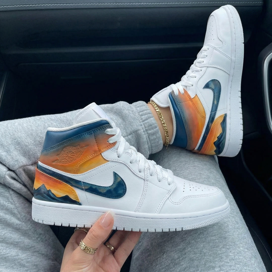 Custom Air Jordan 1 Blue Orange Sunset Mountain Landscape