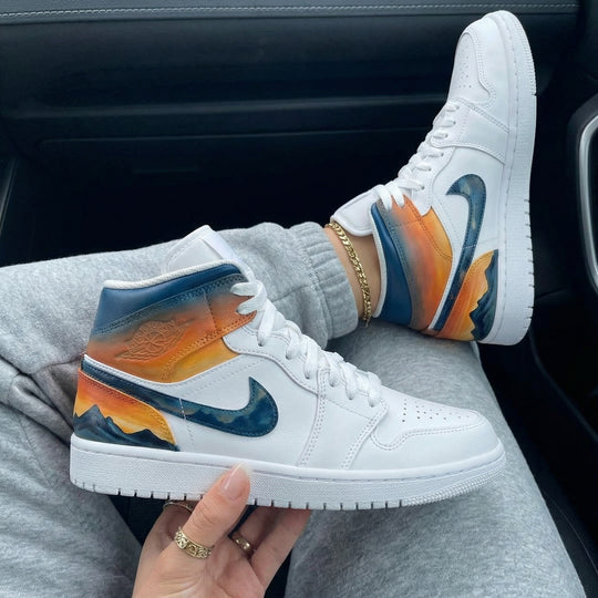 Custom Air Jordan 1 Blue Orange Sunset Mountain Landscape
