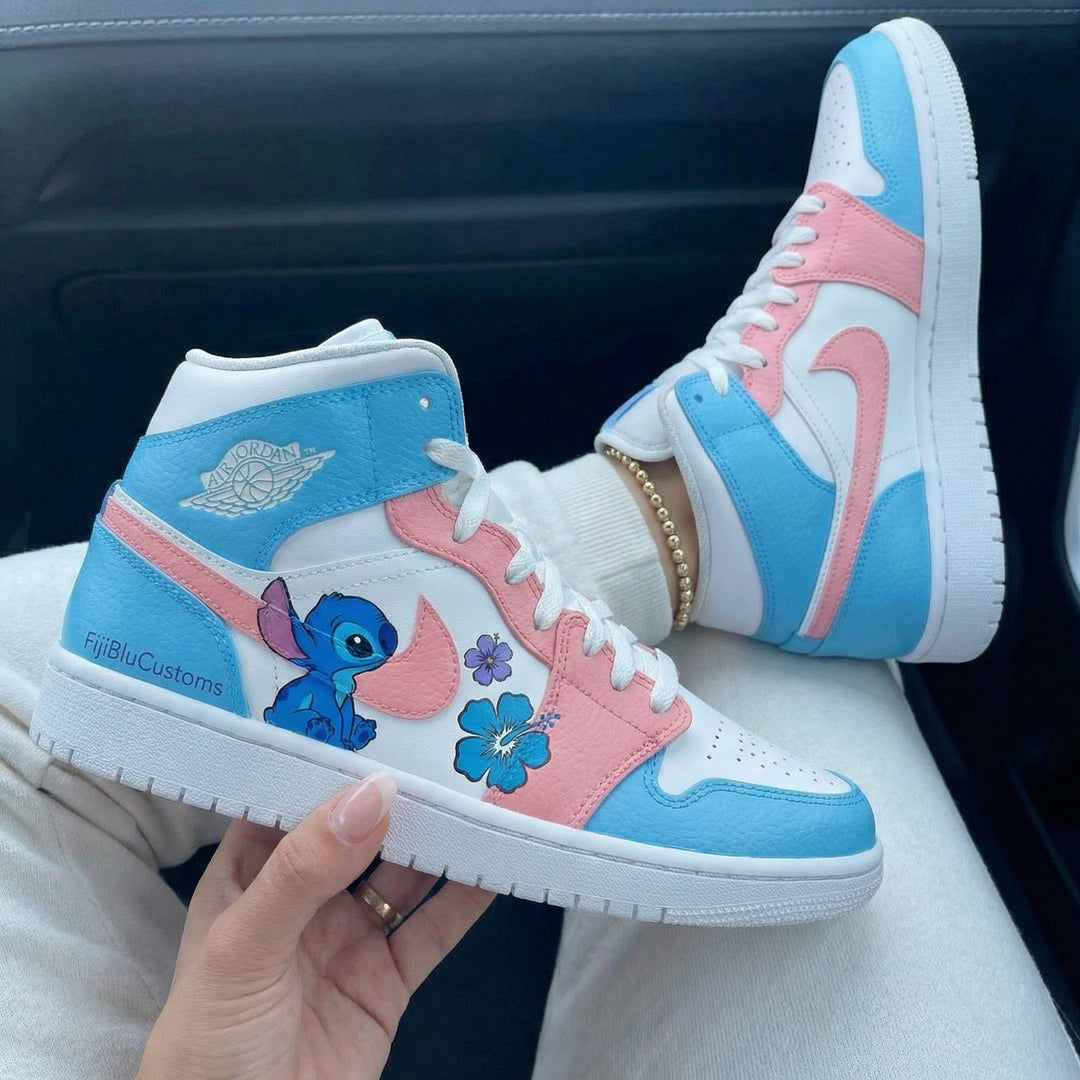 Custom Air Jordan 1 Blue Pink Stitch Hibiscus Flowers