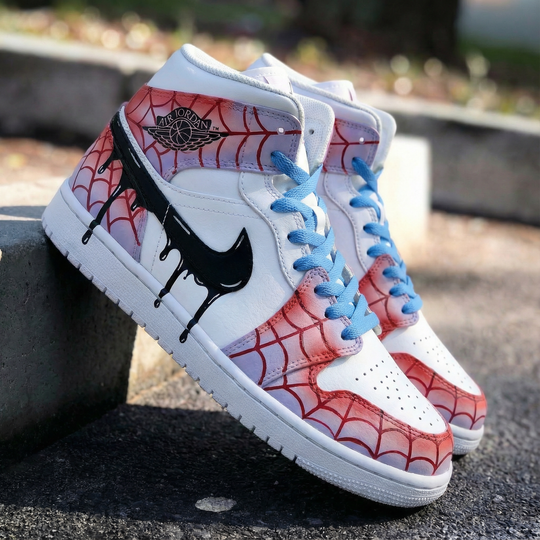 Custom Air Jordan 1 Blue Red Spider Web Pattern