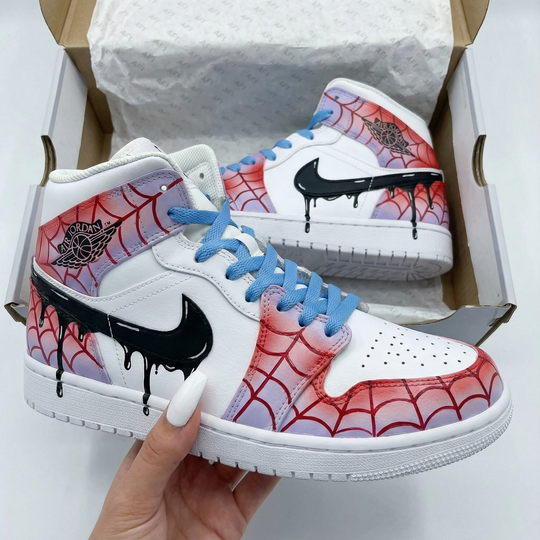 Custom Air Jordan 1 Blue Red Spider Web Pattern