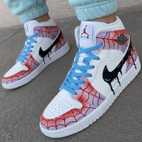 Custom Air Jordan 1 Blue Red Spider Web Pattern