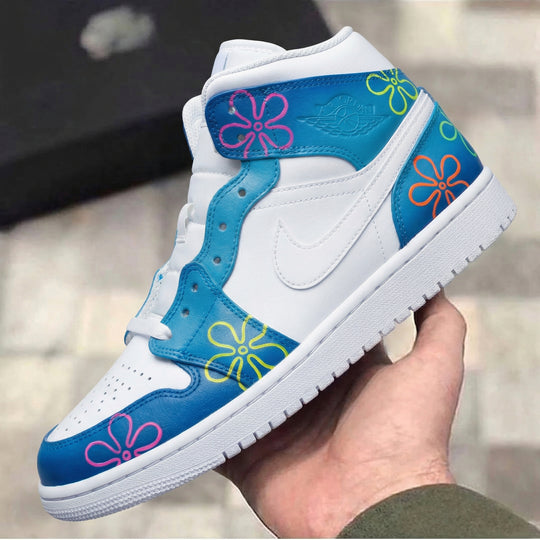 Custom Air Jordan 1 Blue SpongeBob Flowers