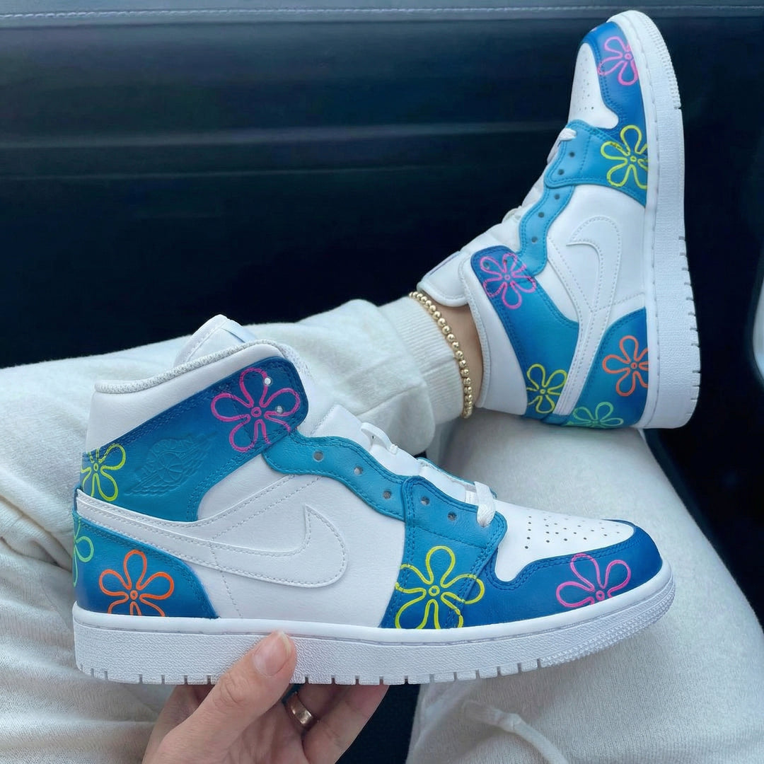 Custom Air Jordan 1 Blue SpongeBob Flowers
