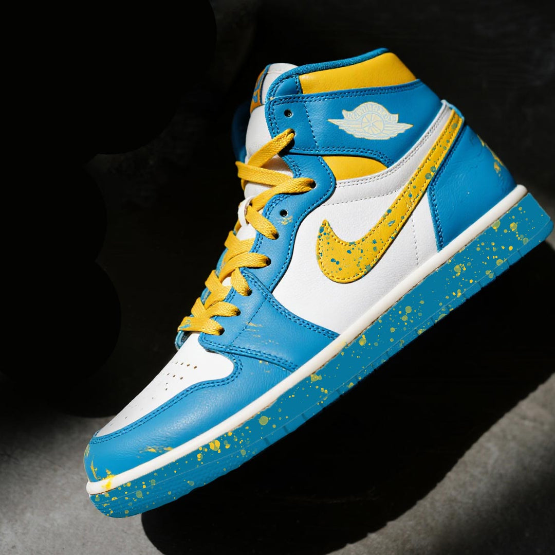 Custom Air Jordan 1 Blue White Yellow Splatter Design