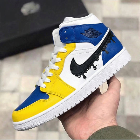 Custom Air Jordan 1 Blue Yellow Black Drip Swoosh