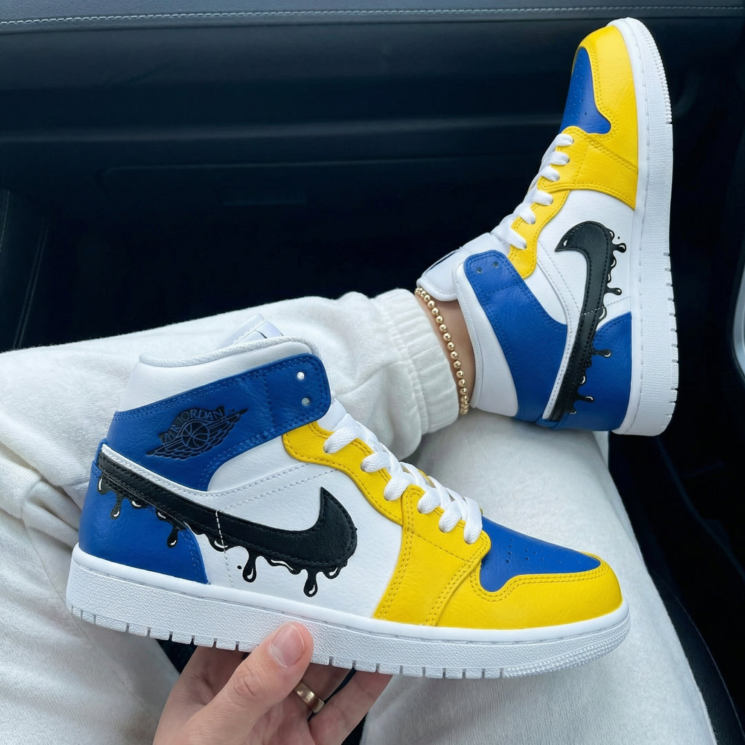 Custom Air Jordan 1 Blue Yellow Black Drip Swoosh