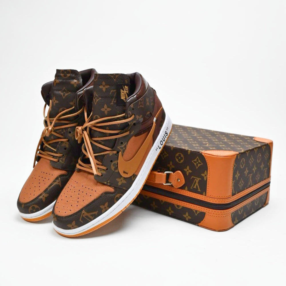 Custom Air Jordan 1 Brown And Orange With LV Pattern 