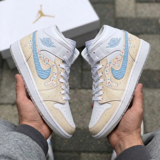 Custom Air Jordan 1 Cream Baby Blue Ice Cream Drip Sprinkles Waffle Swoosh